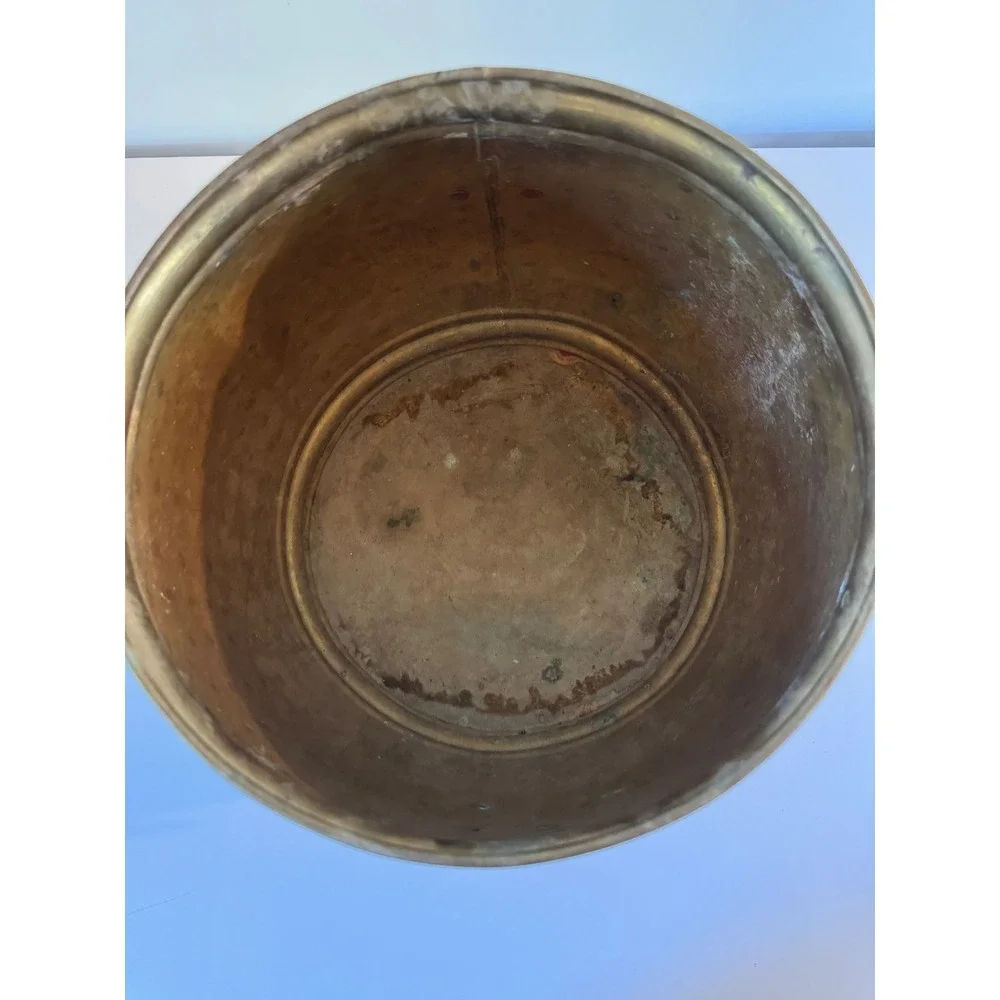 Vintage Brass Lion Head Planter Barrel Cachepot Gold Tone Patina 9 Inch